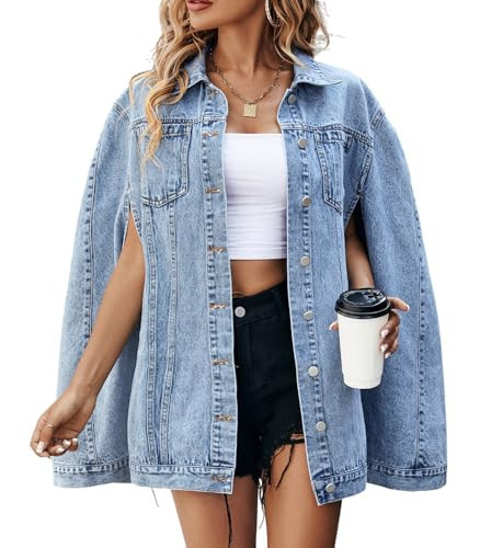 Angsuttc Jean Jacket Women Poncho Sleeveless Button Up Chic Denim Jackets Spring Coat Blue XS | Amazon (US)