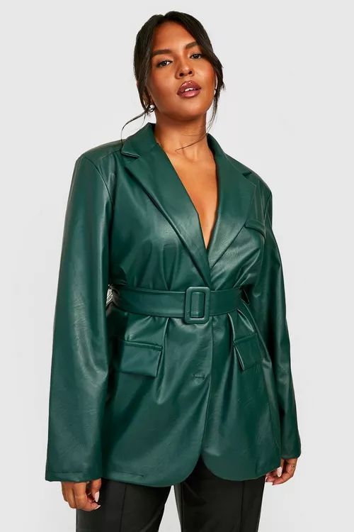 Plus Faux Leather Belted Blazer | Boohoo.com (US & CA)