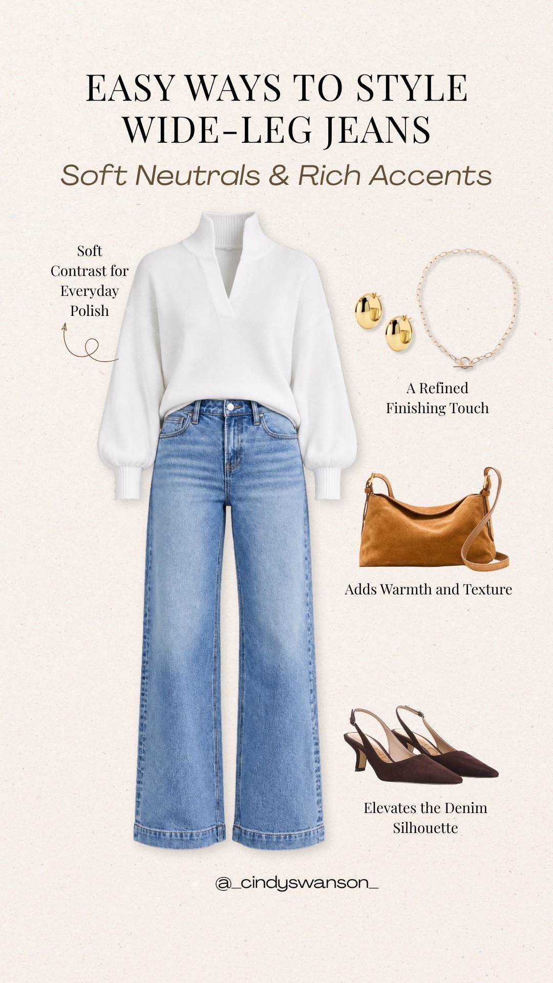 A white sweater and wide-leg jeans are such an easy combination for a polished everyday look. I love how the warm brown accessories add a little richness to this soft, neutral outfit. It's a simple formula that works for everything from casual outings to lunch with friends.

#LTKootd #LTKOver40