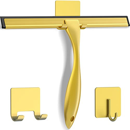 All-Purpose Stainless Steel Shower Squeegee for Shower Doors with 2 Adhesive Hooks, Bathroom Cleaner Tool Household Window Mirror Squeegee for Home Cleaning, Glass Door, Tile Wall, Car, 12 Inch Golden | Amazon (US)