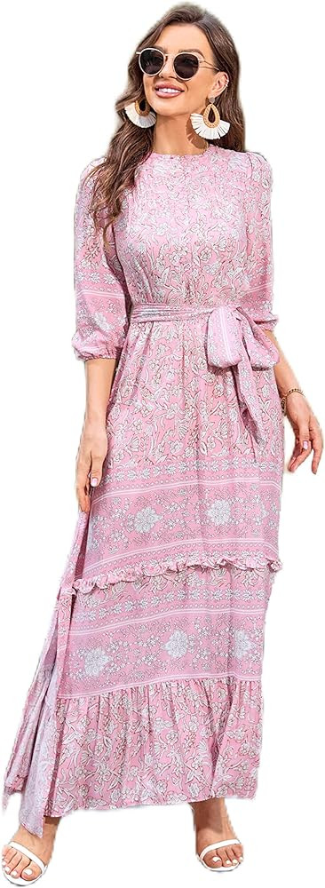 Women 3/4 Sleeves Front Buttons Floral Print Casual Bohemian Maxi Dresses | Amazon (US)