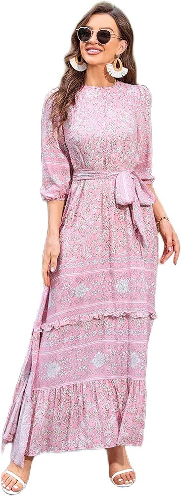 HECCPLI Women 3/4 Sleeves Front Buttons Floral Print Casual Bohemian Maxi Dresses | Amazon (US)