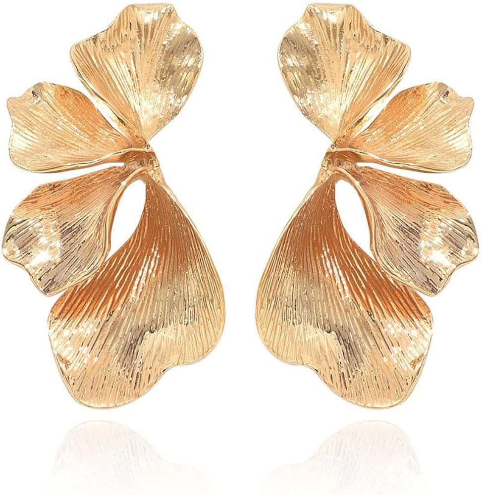 Chunky Gold Texture Big Flower Stud Earring for Women Large Floral Earrings Chic Petals Leaf Shel... | Amazon (US)