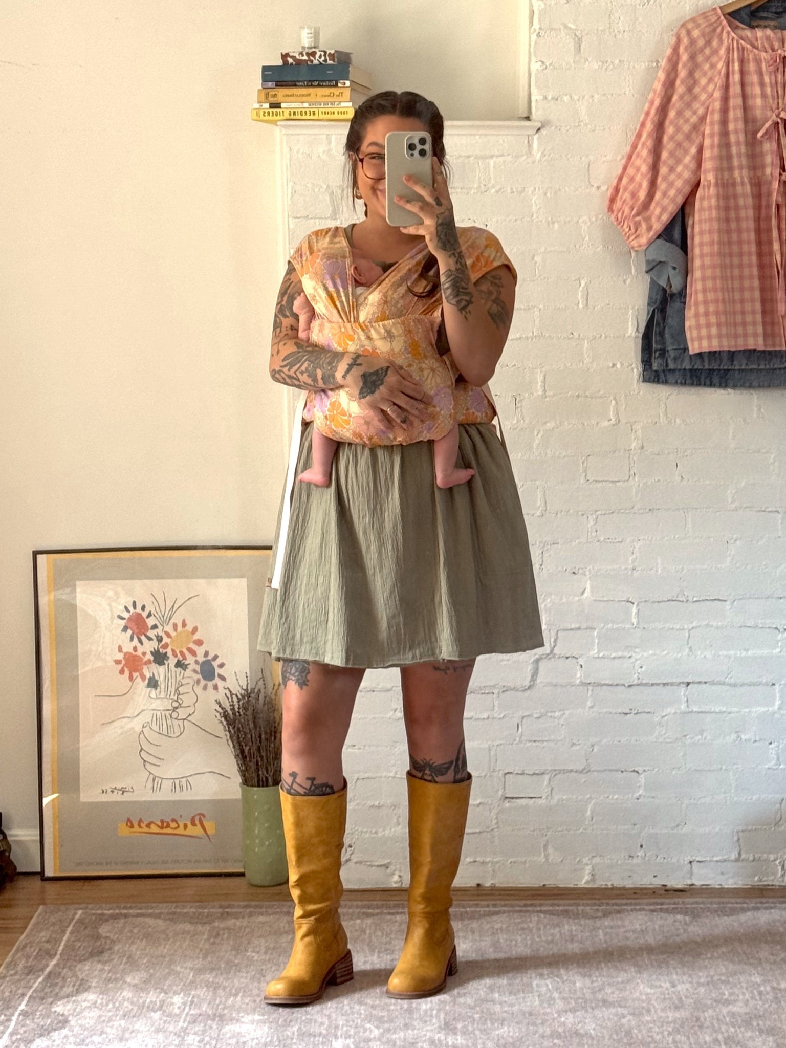 my first fit check with Sunday! dress is linked you can see it but it’s sold out :( - shoes run a teeny bit small i would size up a half size!!! i also love this carrier it’s so comfy for how small she is right now !! 🍓☁️ unfortunately this print is sold out too but they have other colors! 