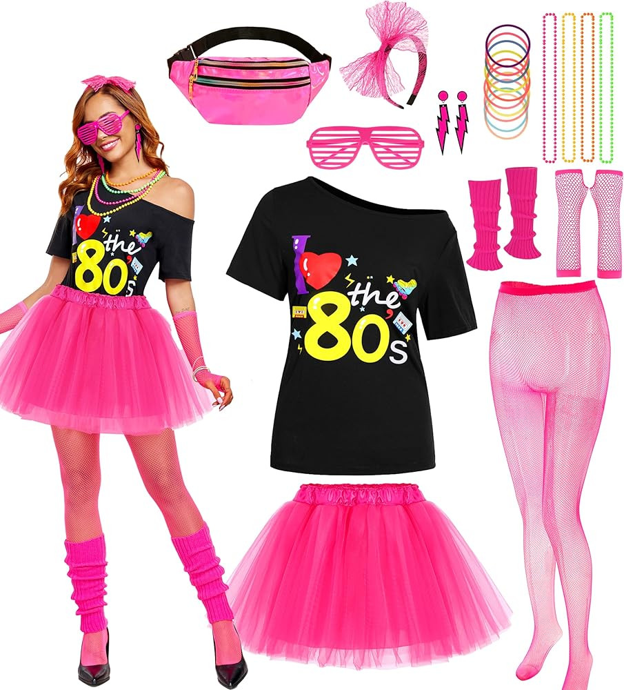 80s Costume for Women 80s Retro Hop Hip Set T Shirt Short Tutu Skirt Necklace for Halloween Cospl... | Amazon (US)