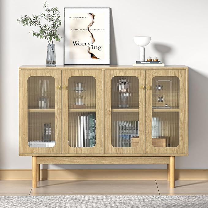 Anmytek 4 Door Buffet Cabinet with Storage, Modern Wood Sideboard Cabinet with Glass Door and Adj... | Amazon (US)