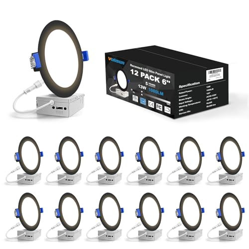 VOLISUN 12 Pack 6 inch Recessed Lighting, 5CCT LED Recessed Light Black, 2700K-5000K Selectable, 13W Eqv 120W, 1080LM Dimmable Canless Wafer Downlight, LED Ceiling Light ETL Certificated | Amazon (US)