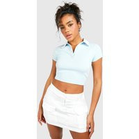 Womens Premium Contrast Rib Collared Crop Top - Blue - 6 | boohoo (US & Canada)