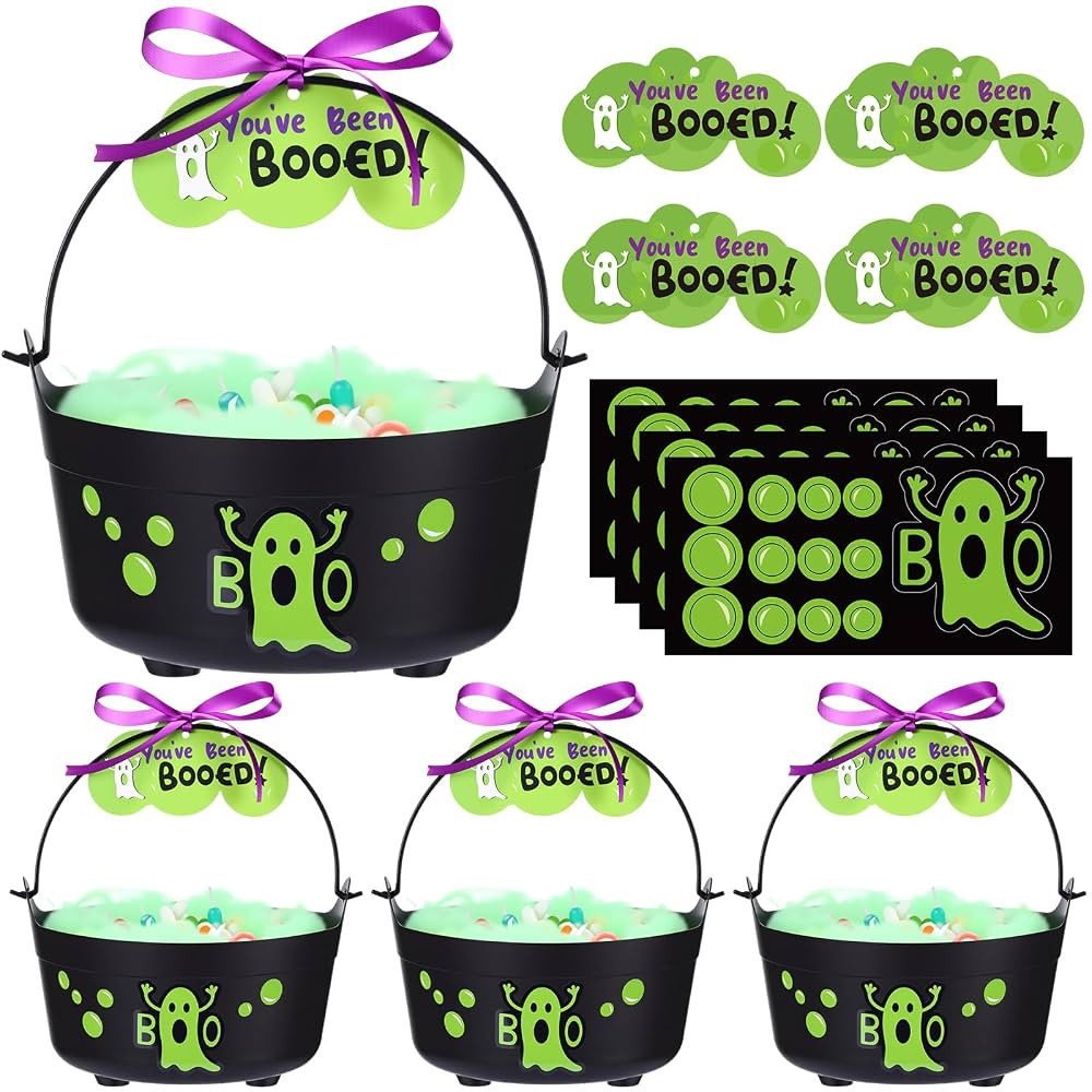 Soulchen 4 Pcs Halloween Boo Bucket Decoration Trick or Treat Gift Basket with 4 Spooky Boo Candy... | Amazon (US)