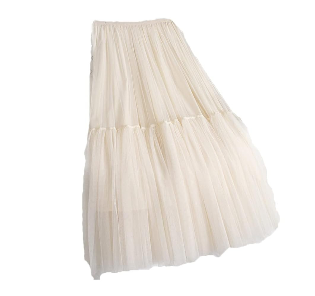 Women Autumn Pleated Mesh Mid-Length Yarn Skirt for Women Elastic Waist Layers Solid Color Skirt | Amazon (US)
