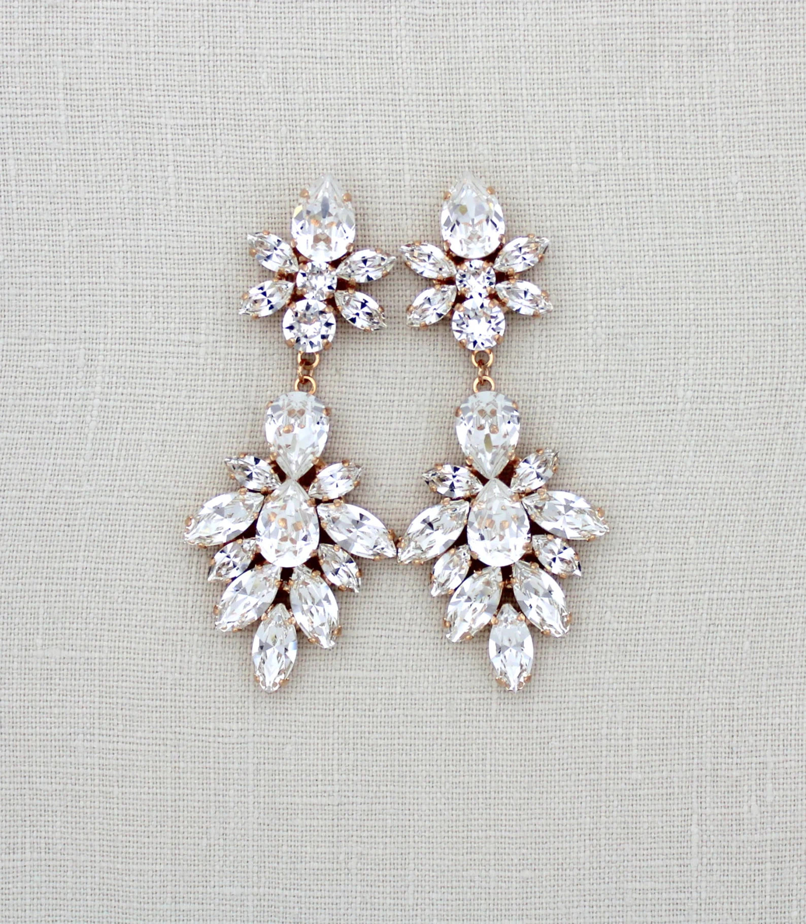 Rose Gold Bridal earrings Crystal Wedding earrings Statement Chandelier earrings Bridal jewelry S... | Etsy (US)