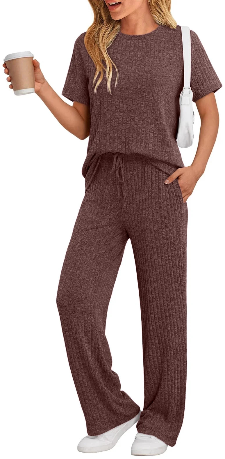 DAKIMOE 2 Piece Lounge Sets for Women Outfits Fall Pajamas Matching Ribbed Casual Wide Leg Pants ... | Walmart (US)