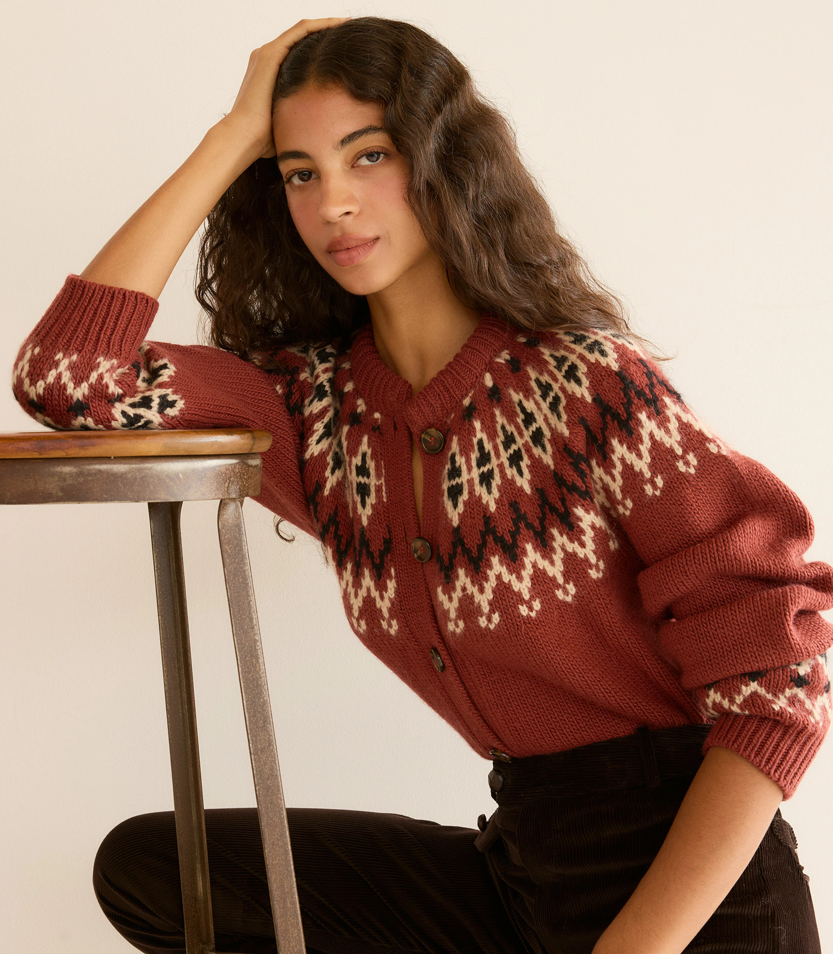Clarke Cardigan - Burgundy Olympia Fair Isle | DÔEN | DOEN