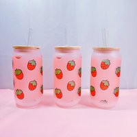 Strawberry Cup Iced Coffee Glass, Glass Can With Bamboo Lid & Straw, Cute, Kawaii Cup, Strawberry, 18Oz, Drink | Etsy (US)