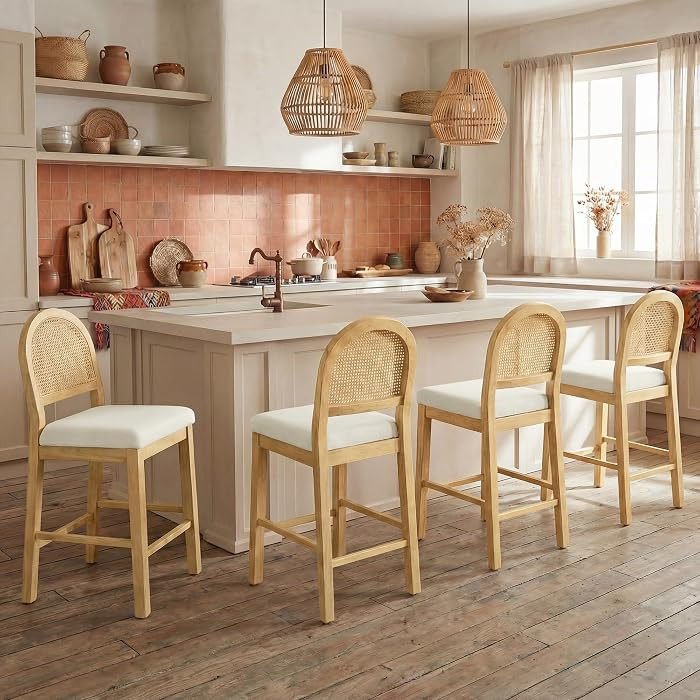 Rattan Counter Height Bar Stools Set of 4, Upholstered Farmhouse Barstools with Natural Rattan Back, Wooden Legs for Kitchen Island, Natural/Linen,2 Box | Amazon (US)