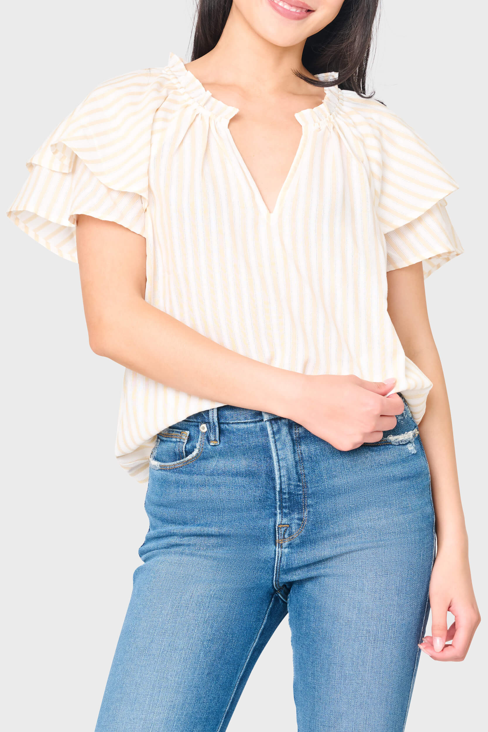 Double Flutter On The Daily Top in Tan Stripe | Gibsonlook | Gibsonlook