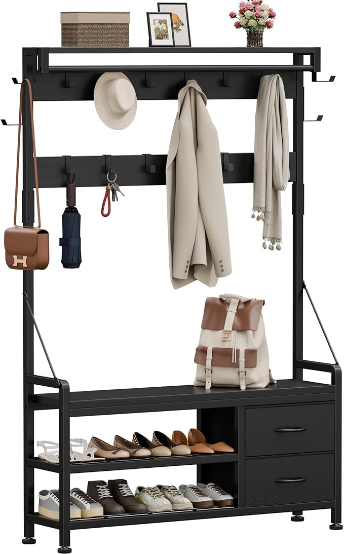 Hall Tree with Bench and Shoe Storage, 39.4” Entryway Bench with Coat Rack freestanding, 5 in 1... | Amazon (US)