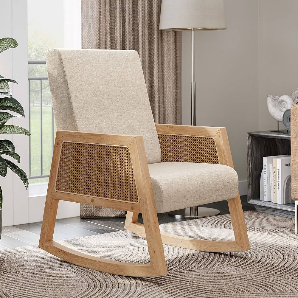BELLEZE Rocking Chair, Wide Seat Rocking Armchair with Cushion and Rattan Armrests, Linen Fabric ... | Amazon (US)