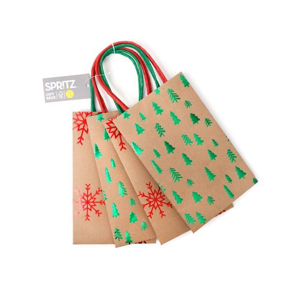 4pk XSmall Christmas Tree Foil Snowflake on Kraft Gift Bags Red/Green - Spritz™ | Target