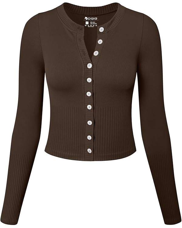 OQQ Womens Long Sleeve Shirts Crew Neck Button Knit Stretch Casual Basic Tops Fitted Tee Shirts | Amazon (US)