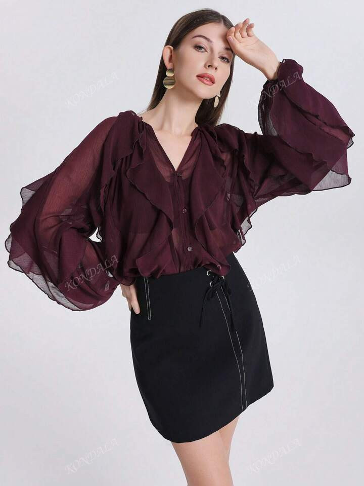 Ruffle Burgundy Blouse | SHEIN