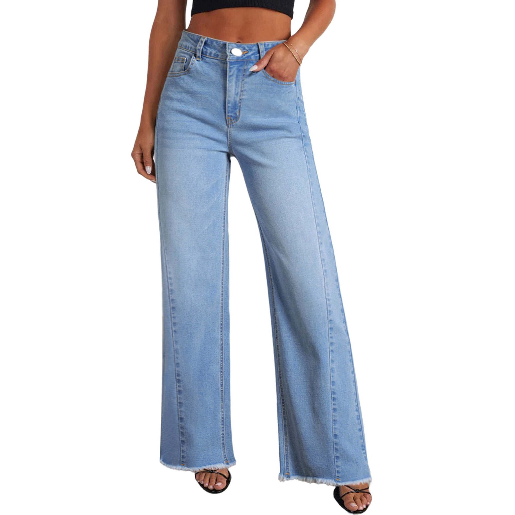 Dokotoo Women's Wide Leg Jeans High Waisted Strechy Raw Hem Frayed Hem Denim Pants | Walmart (US)
