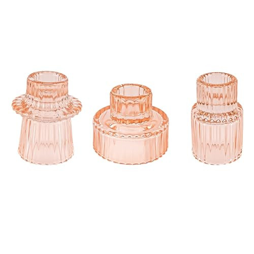 Double Sided Vintage Ribbed Taper Glass Candle Holders,Tea Candle Holder for Table Centerpieces, Wedding Decorations and Dinner Parties (Orange Pink, 3 PCS) | Amazon (US)