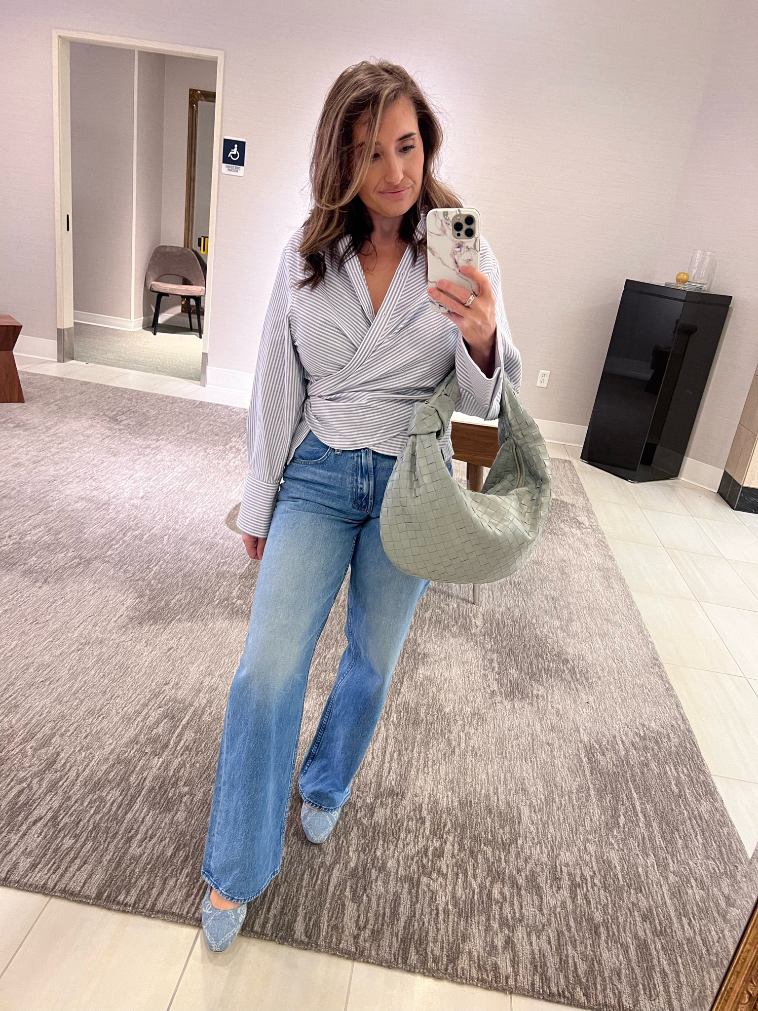 Denim outfits, casual Friday, striped blouse, Chanel slingbacks, bottega Jodie 

#LTKeurope #LTKfindsunder100 #LTKworkwear