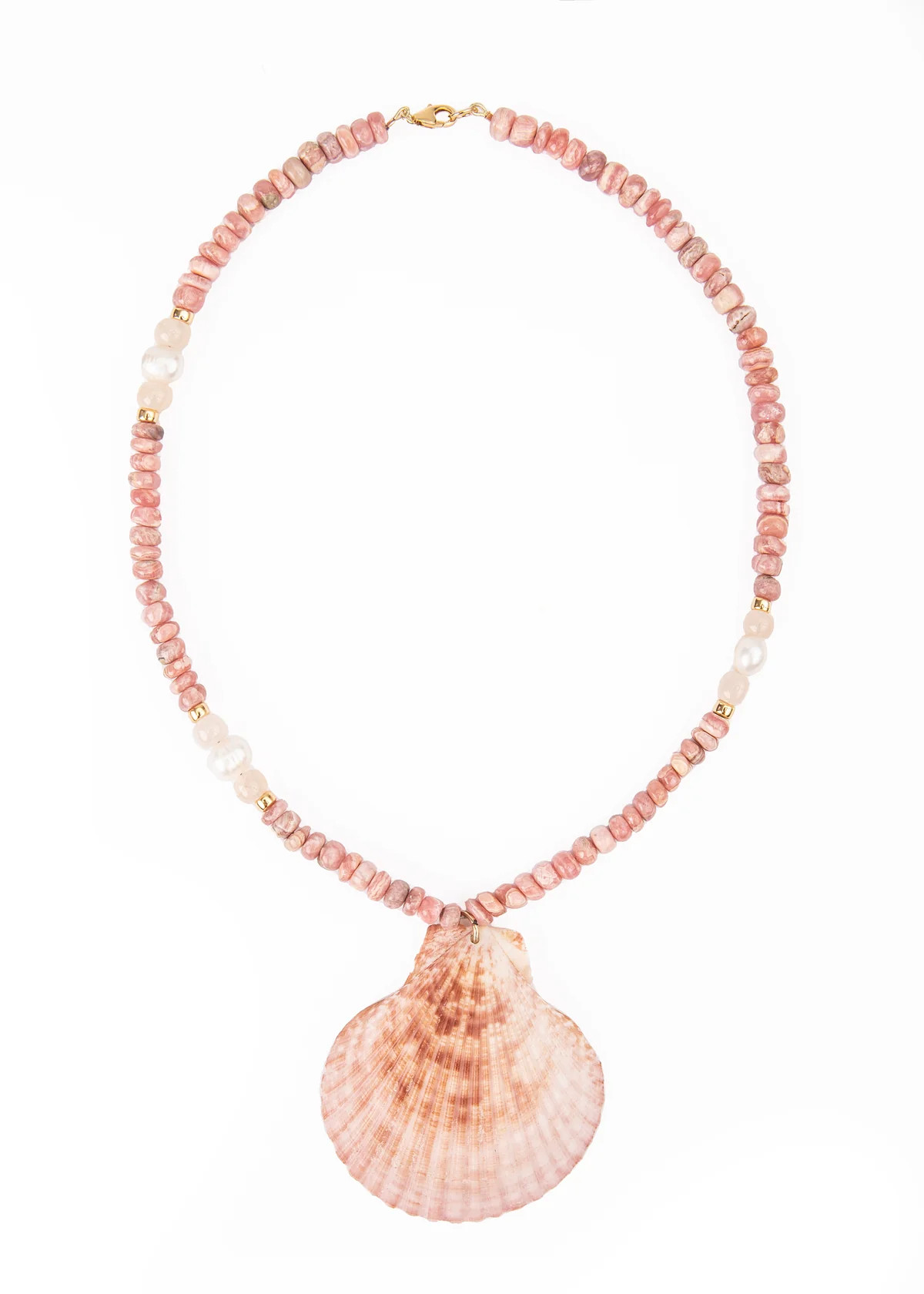 OTM Exclusive: Rhodochrosite, Pearl, And Moonstone Necklace With Cinnamon Brown Shell Pendant | Over The Moon