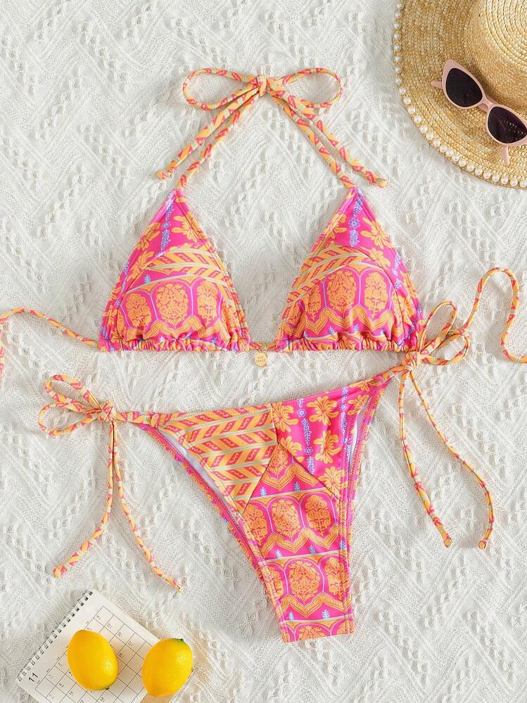 Swim Mod Summer Beach Random Printed Side Knot Bikini Set | SHEIN