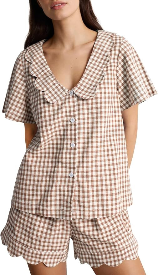 Kissonic Womens Gingham Pajama Set 2 Piece Scalloped Edge Plaid Babydoll Pjs Short Sleeve Cotton ... | Amazon (US)