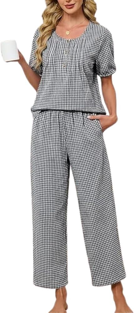 Tanming Womens 2 Set Gingham Pajama Set Half Sleeve Shirt Wide Leg Pants Y2K Cotton Matching Loun... | Amazon (US)