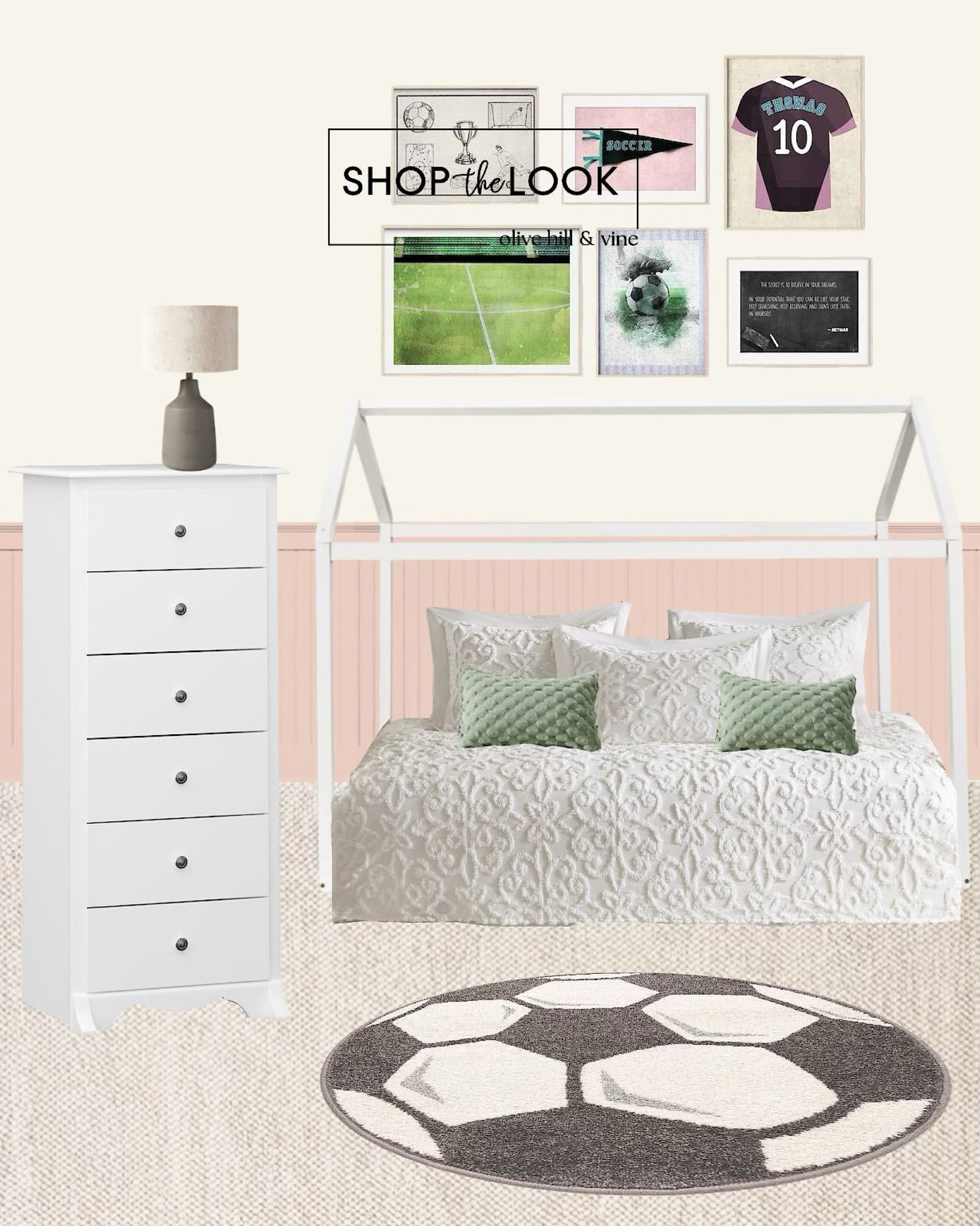 Kick off a sporty yet chic vibe with this soccer-themed bedroom for your young athlete! Featuring an a-frame canopy bed, tufted sage bedding, a wool rug, and a soccer ball rug. The star? A 6-piece gallery art set with vintage soccer prints and a customizable jersey!

#LTKHome #LTKKids #LTKFamily