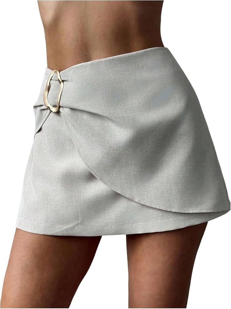 MakeMeChic Women's Elegant Fall Mini Skirt Wrap A Line Metal Buckle Short Skorts | Amazon (US)