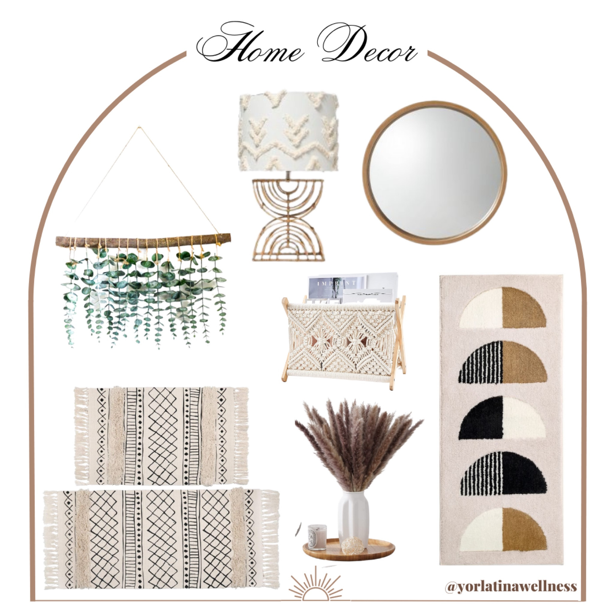 Boho Home Decor must haves, boho decor, home decor, round mirror, boho white lamp, bohemian rug, Artificial Eucalyptus Wall Deco, pampas grass  decor, boho rattan table lamp 

#LTKunder100 #LTKhome #LTKunder50