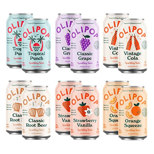 Olipop - 6-Flavor Sparkling Tonic Variety Pack, Prebiotic Soda Sampler, Contains Rich in Botanicals, High Fiber, Vegan, Paleo-Friendly, Non-GMO (12 oz, 12-Pack) | Amazon (US)