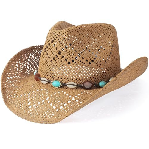 WQWOVRVO Cowboy Hat,Cowgirl Hat,Cowboy Hats for Women/Mens/Straw Wide with Shapeable Brim Western Cowboy Hat for Womens (US, Alpha, One Size, Coffee Color) | Amazon (US)