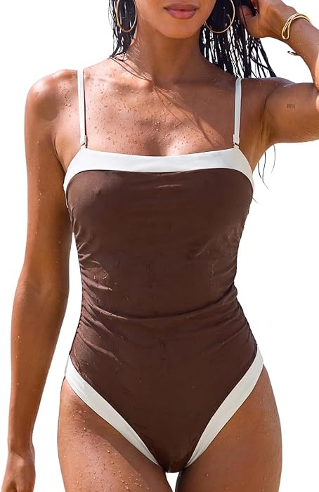 QINSEN Women's One Piece Swimsuit Color Block Tummy Control Bathing Suit Vintage Square Neck Spag... | Amazon (US)