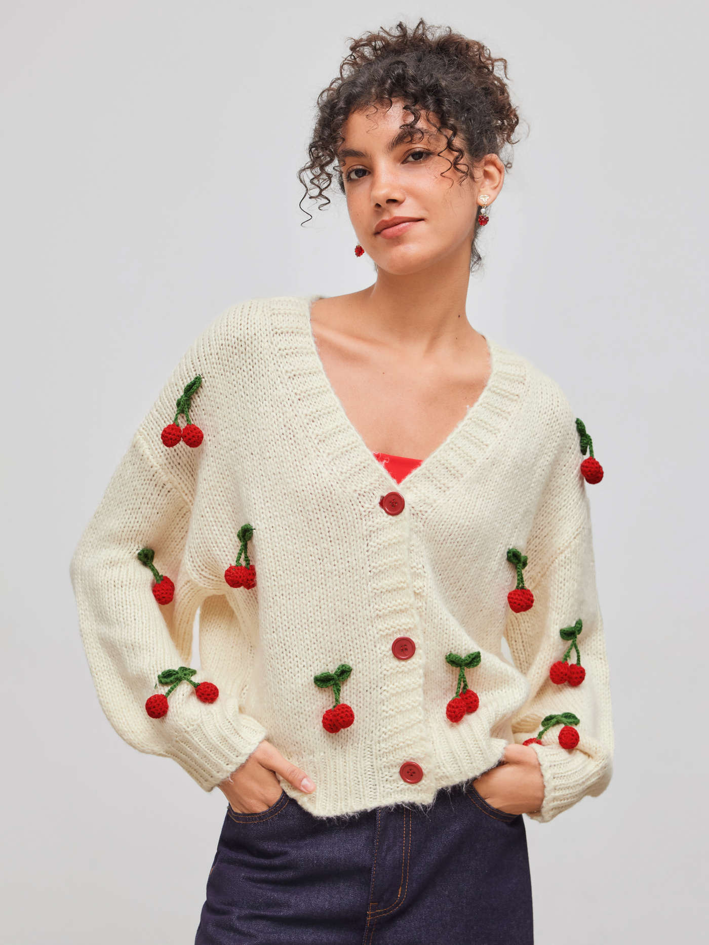Knit V-neck Cherry Button Cardigan | Cider