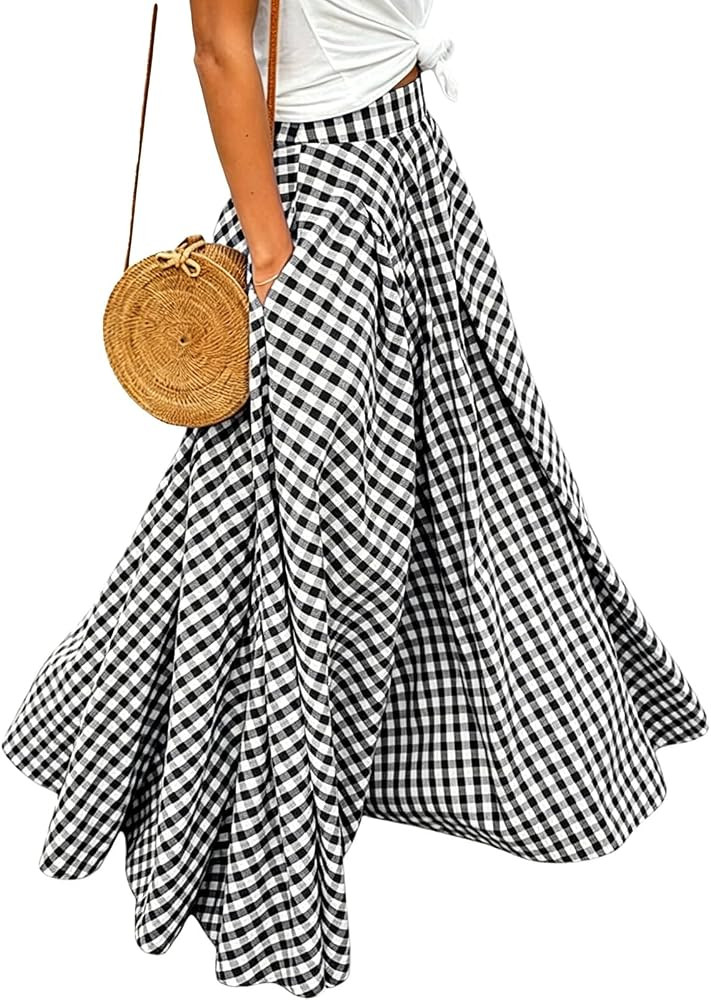 HOUZONIY Womens Plaid Gingham Maxi Skirt Elastic Waist Pleated Flared A Line Swing Summer Pull On... | Amazon (US)