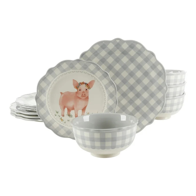 The Pioneer Woman Gingham Grey 12-Piece Dinnerware Set - Walmart.com | Walmart (US)