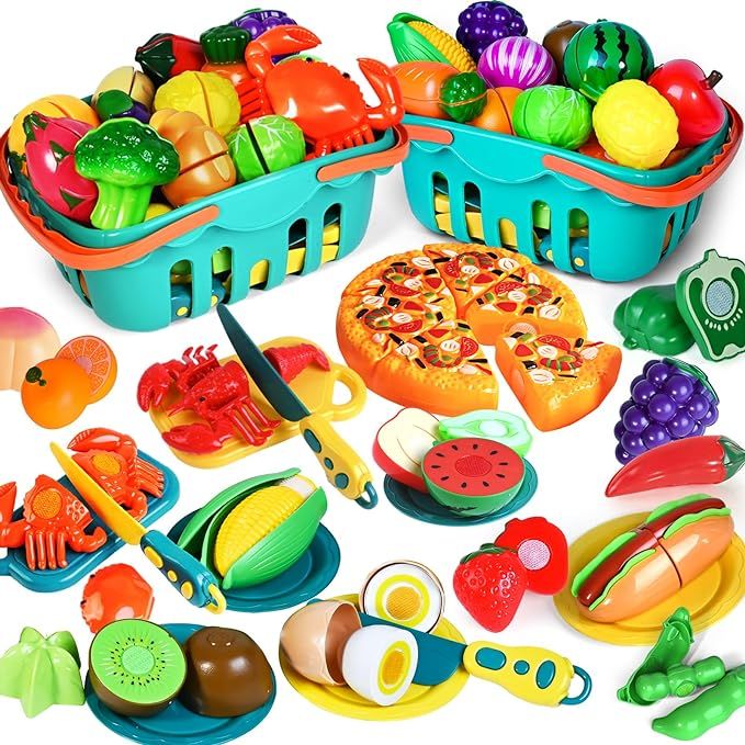 100 PCS Cutting Play Food Toy for Kids Kitchen, Pretend Food Toys for Toddlers, Play Kitchen Toys... | Amazon (US)