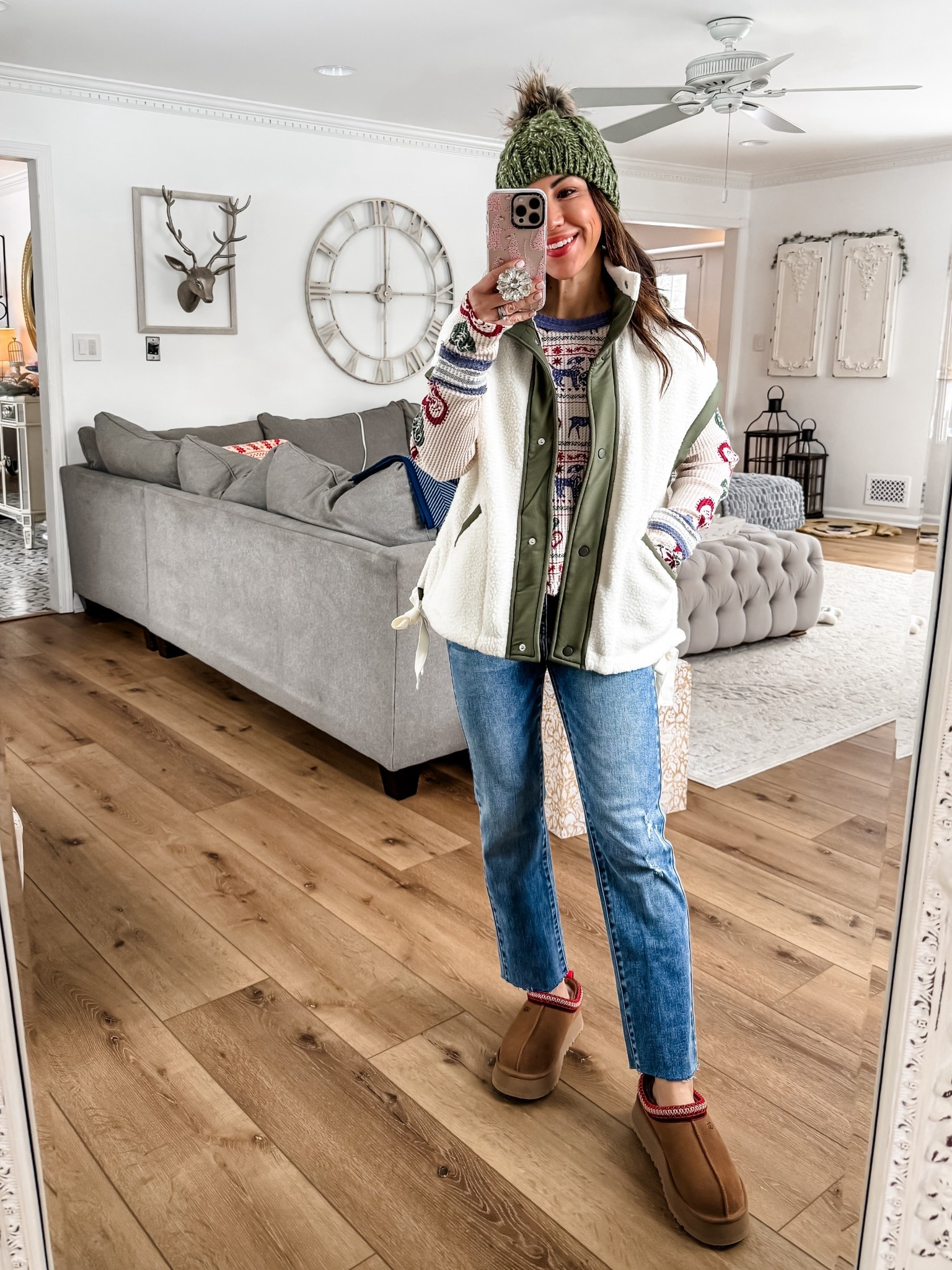 Xs Sherpa vest,  small thermal, jeans 25. I cut them. Uggs tts 

#LTKSaleAlert #LTKOver40 #LTKFindsUnder50