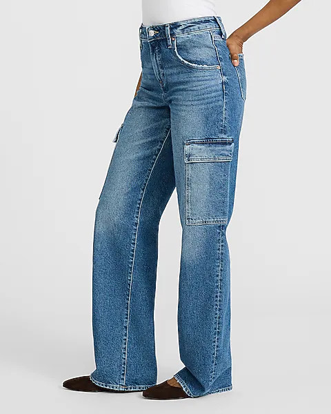 High Waisted Medium Wash Relaxed Straight Cargo Jeans | Express