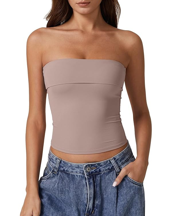 QINSEN Women's Tube Tops Strapless Bandeau Tops Double Lined Slim Fit Summer Going Out Tank Tops | Amazon (US)