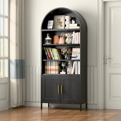 GangMei Arched Bookcase, Modern Freestanding Arch Kitchen Pantry Cabinets for Home Office Bookshelf Living Room (Black) | Amazon (US)