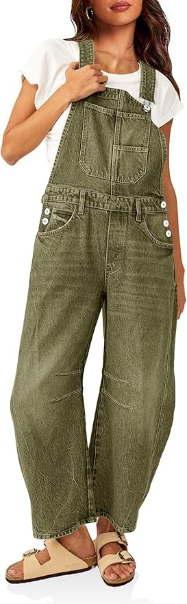PLNOTME Womens Denim Bib Overalls Barrel Leg Adjustable Strap Jean Pants Jumpsuits with Pockets | Amazon (US)