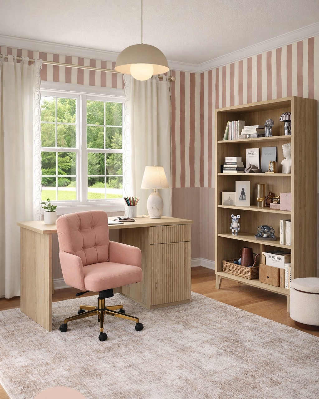 Cosy home office, who says that home office should be boring?! Gorgeous wallpaper, beautiful office chair, affordable desk, vintage rug, mid-century modern bookshelf, storage ottoman, scalloped curtain. #homedecor #homeoffice

Follow my LTK @Olga.D.Interiors on