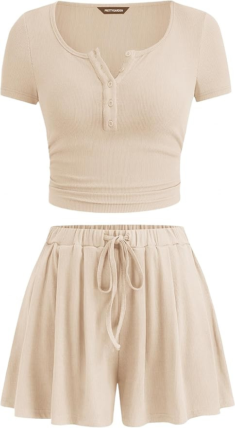 PRETTYGARDEN 2 Piece Sets For Women Summer Short Sleeve Button Up Shirts Drawstring Elastic Waist... | Amazon (US)