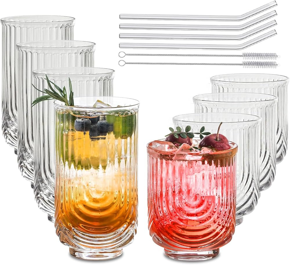 INSETLAN Water Drinking Glasses Set of 8-4 Highball Glasses 14 oz, 4 Rocks Glass Cups 12 oz, Arch... | Amazon (US)